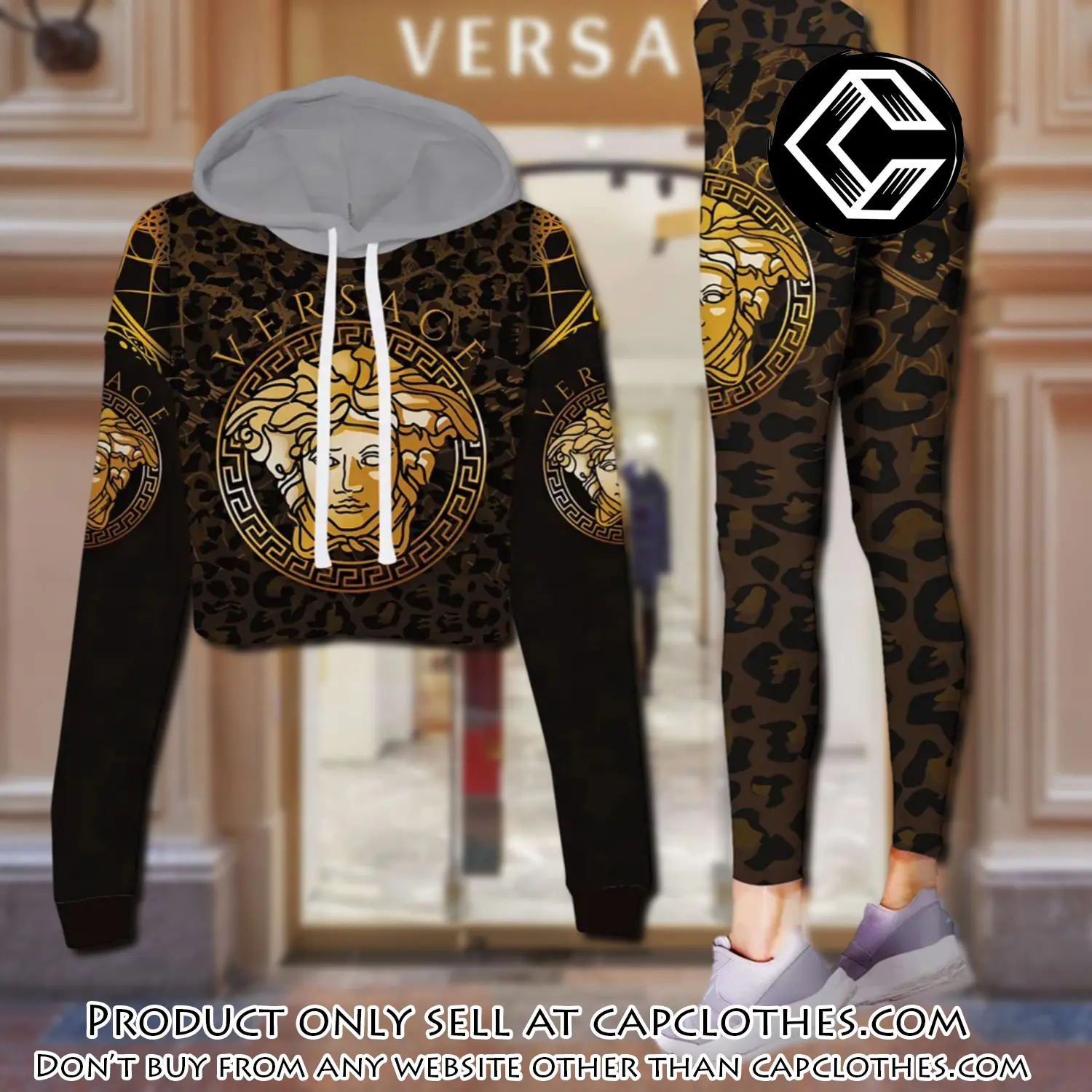 Versace medusa brown leopard pattern luxury brand clothes leggings and crop top set for women cc5219357